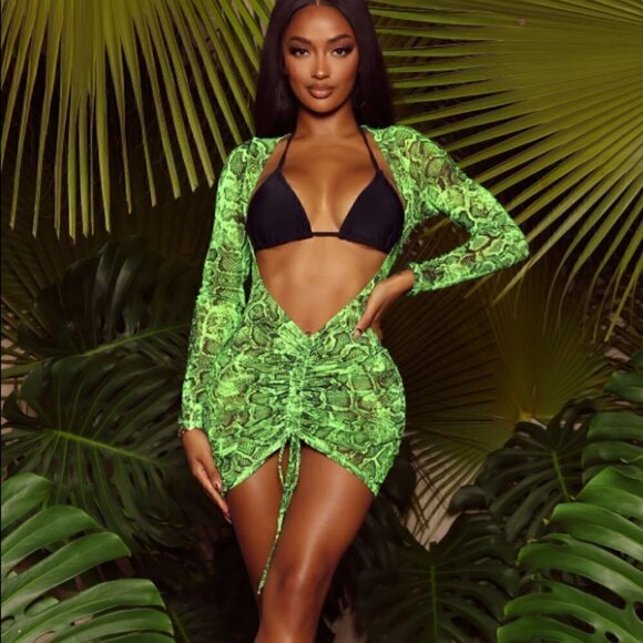 Nwt- Fashion Nova Swim- Summers In Greece Mesh Ruched Cover Up Dress - Picture 1 of 10